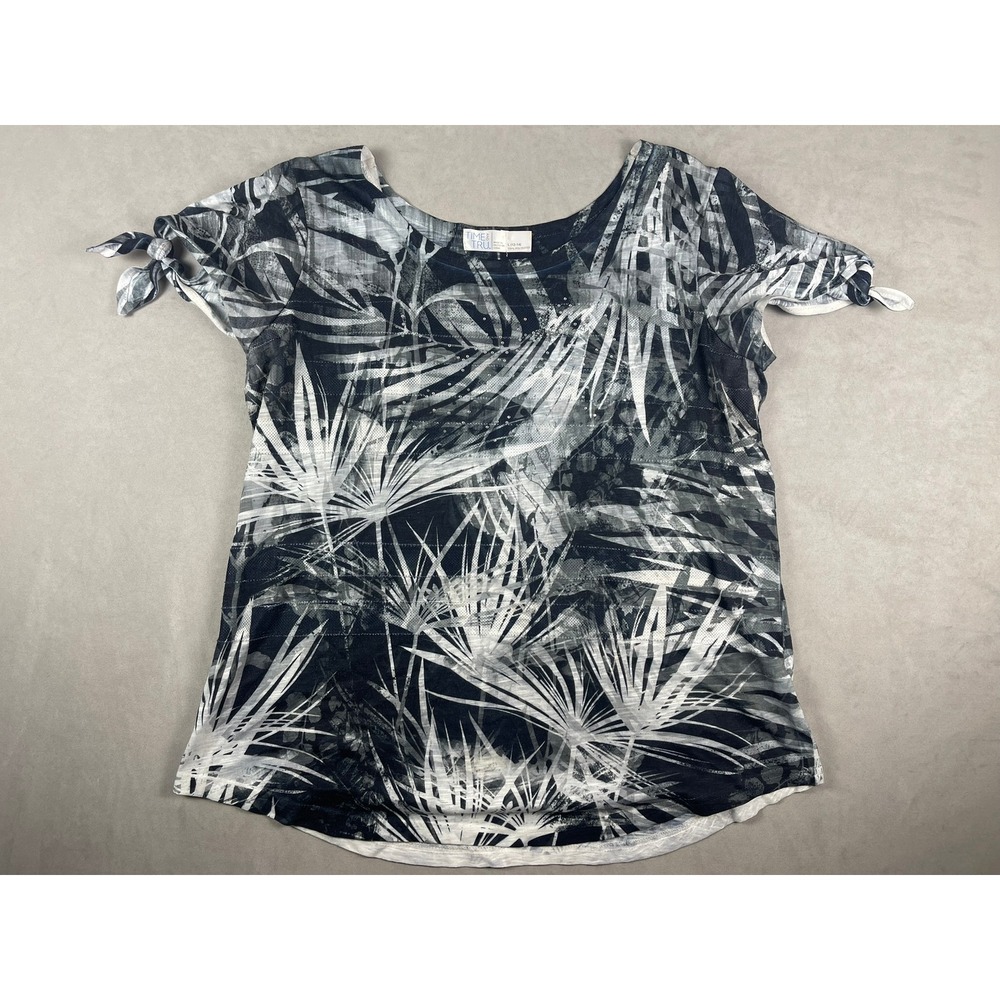 Time and Tru Womens Black White Palm Print Rhinestone Tie Sleeve Top Large 12-14